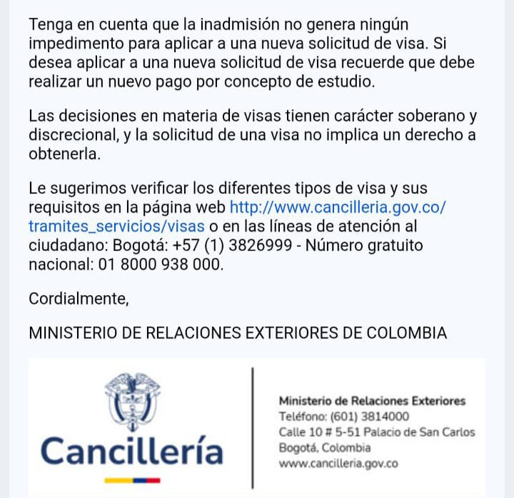 Cancillería de Colombia visa application status showing inadmisible — what a denied or returned Colombian visa application looks like on the official government portal