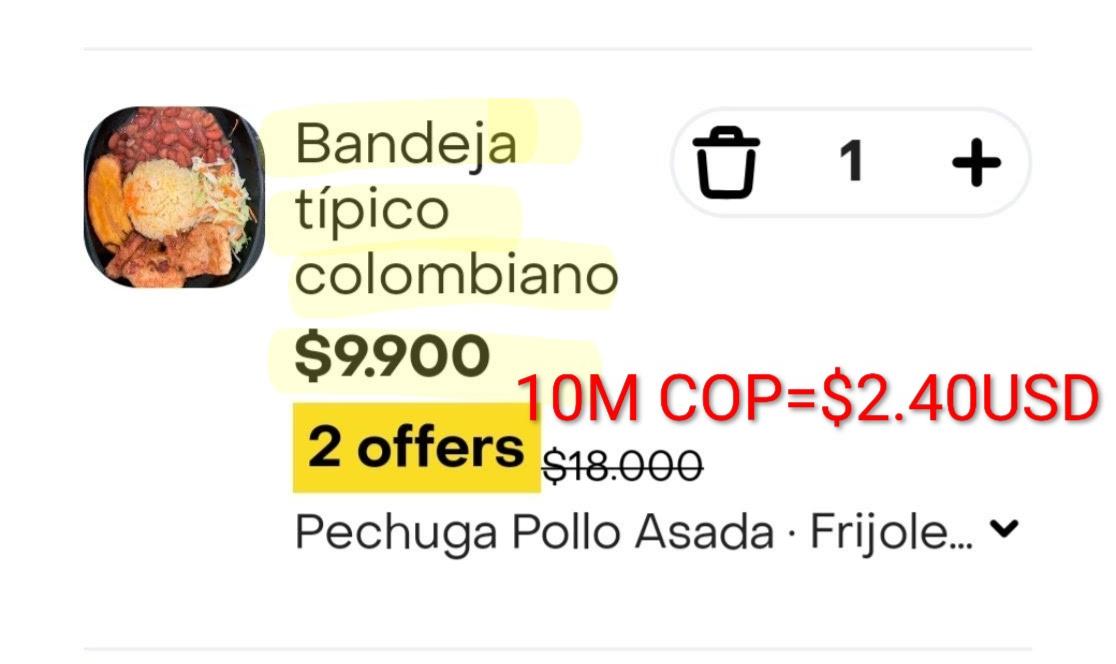 Rappi app Colombia bandeja tipica colombiano 9900 COP equals $2.40 USD food delivery receipt