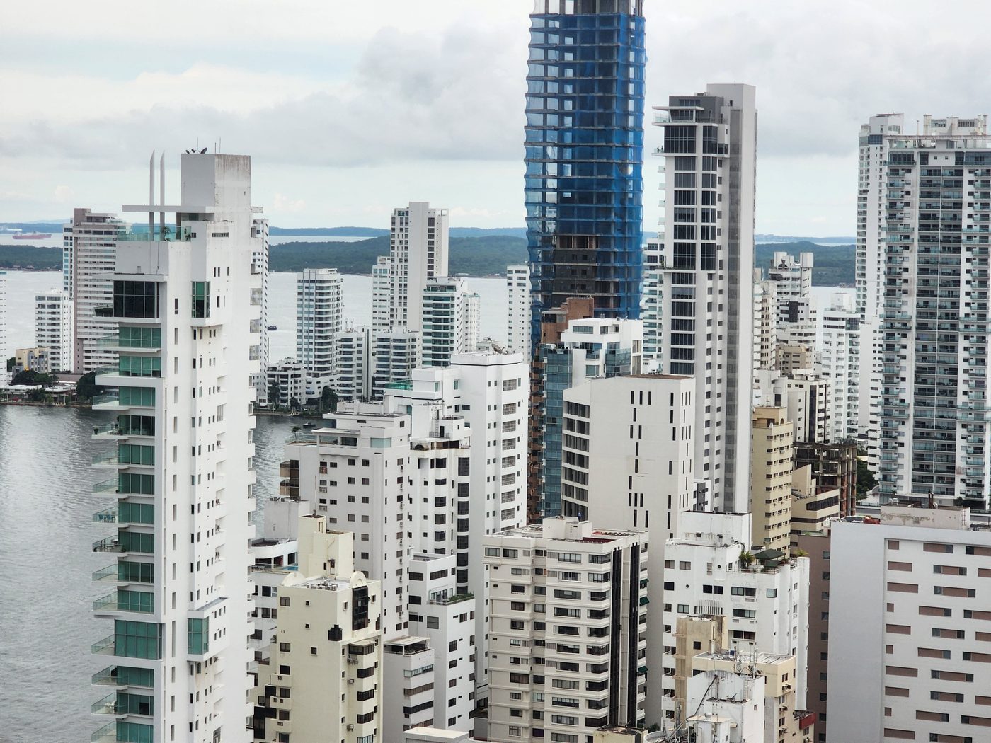 High-rise apartment towers along the bay in Bocagrande, Cartagena Colombia real estate corridor