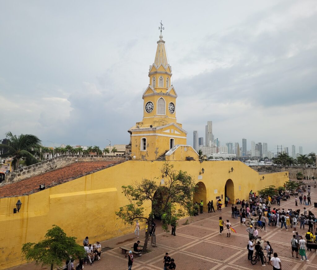 The clock tower (Torre del Reloj), the historic gateway to the walled city of Cartagena, Colombia