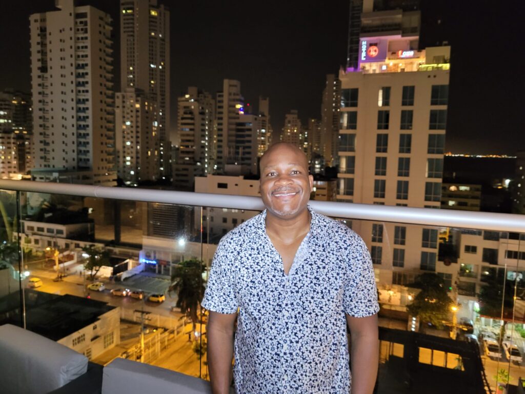 Shep on a hotel rooftop in Cartagena, Colombia