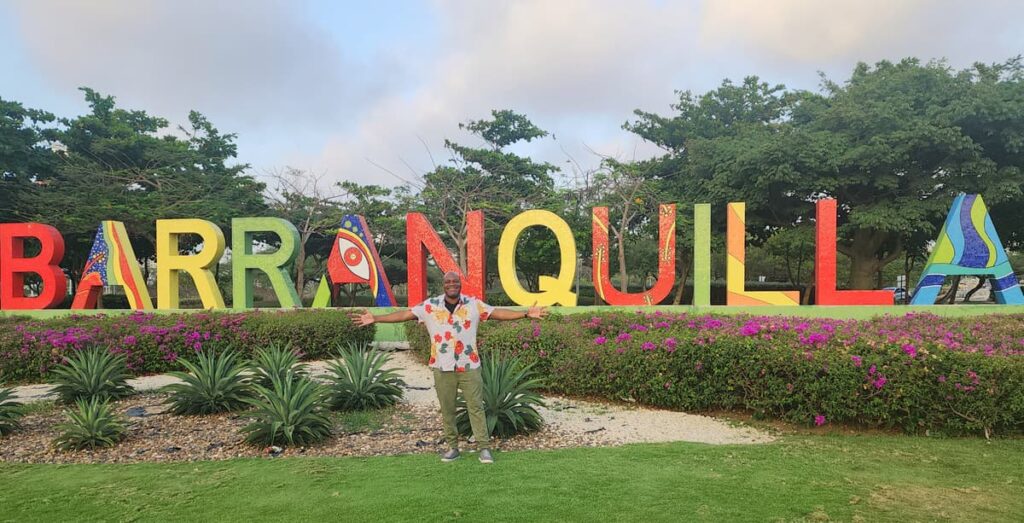 Shep of GeoGringo at the Barranquilla city sign on Colombia's Caribbean coast