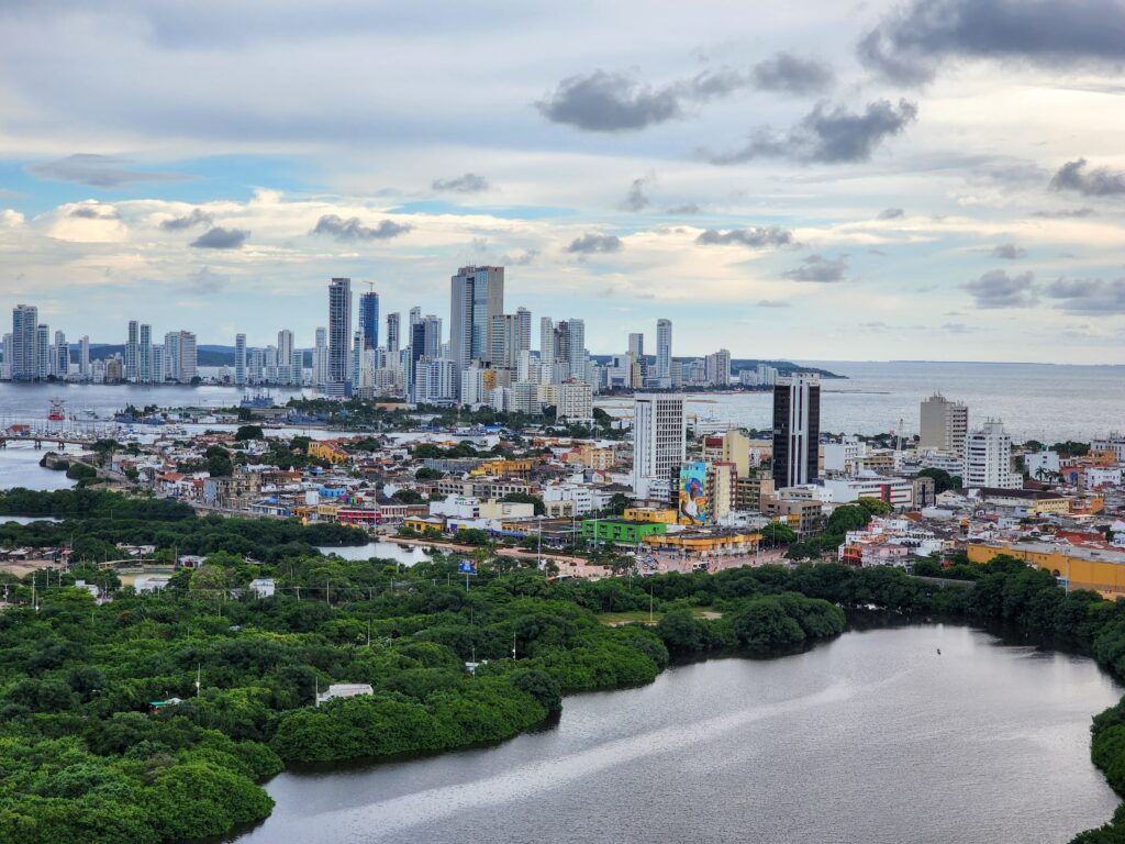 The Cartagena skyline seen across the mangroves and the Cienaga de la Virgen, photographed by the author