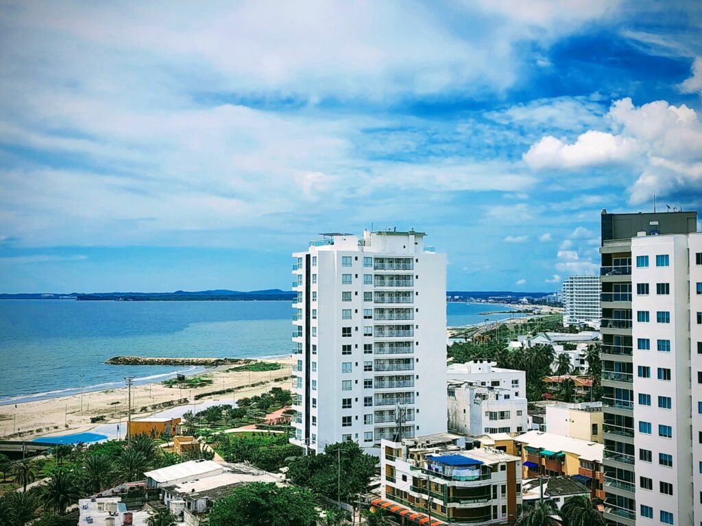 Apartment buildings along the shoreline at Playa El Rodadero in Santa Marta, on the Caribbean coast