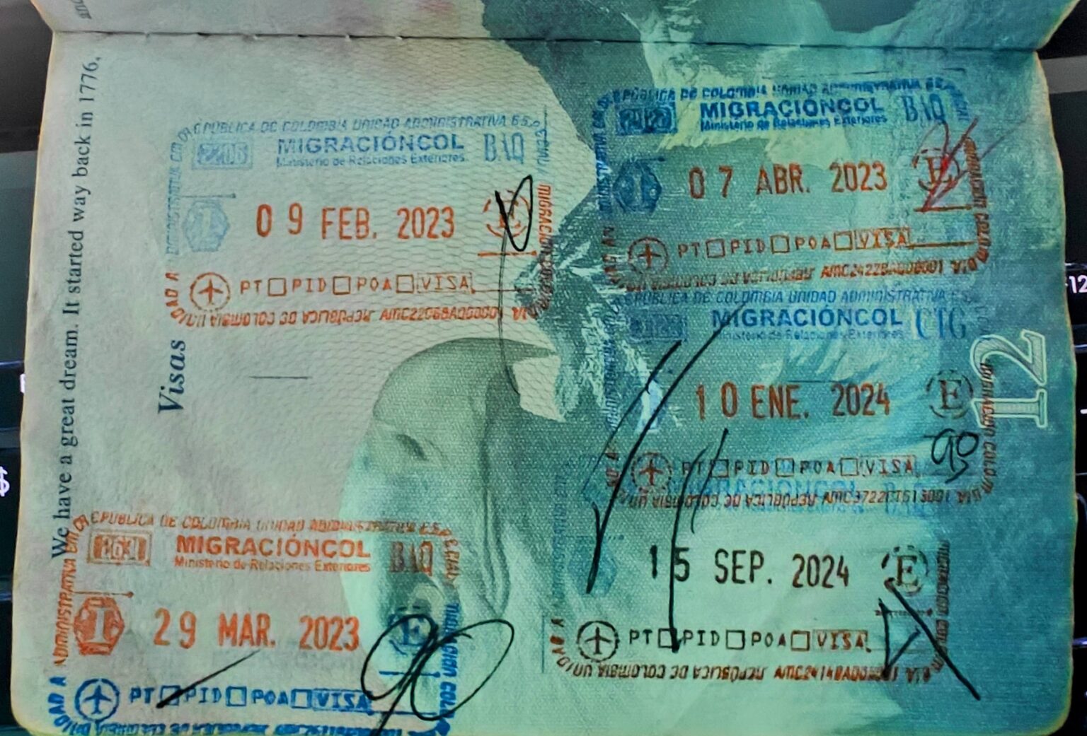 A US passport page covered in Colombian Migracion entry and exit stamps, the raw material of the 183-day rule count