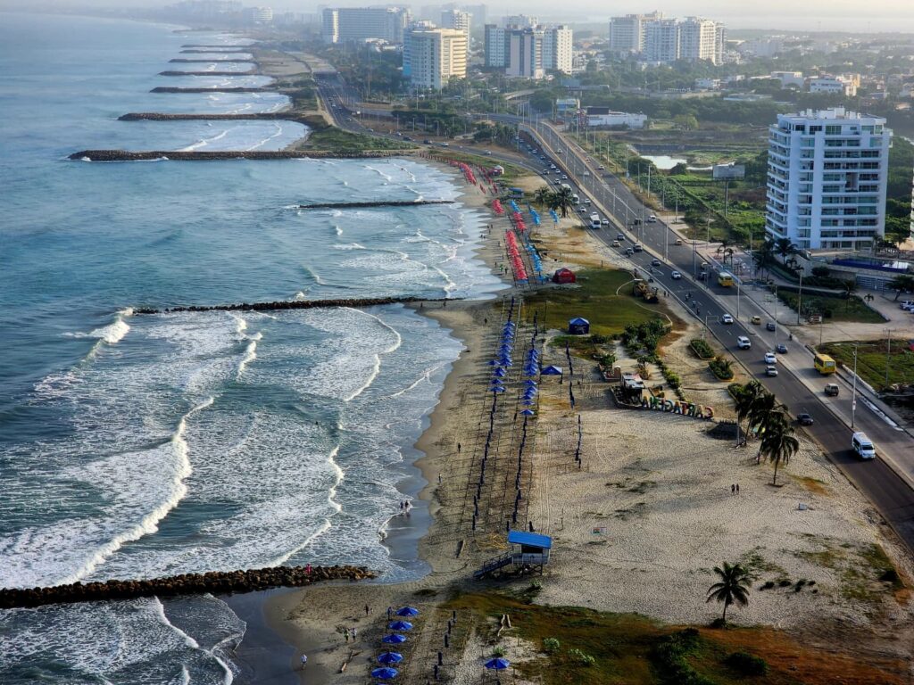 Aerial view of the Marbella and Crespo shoreline in Cartagena, Colombia, with the coast road and apartment buildings